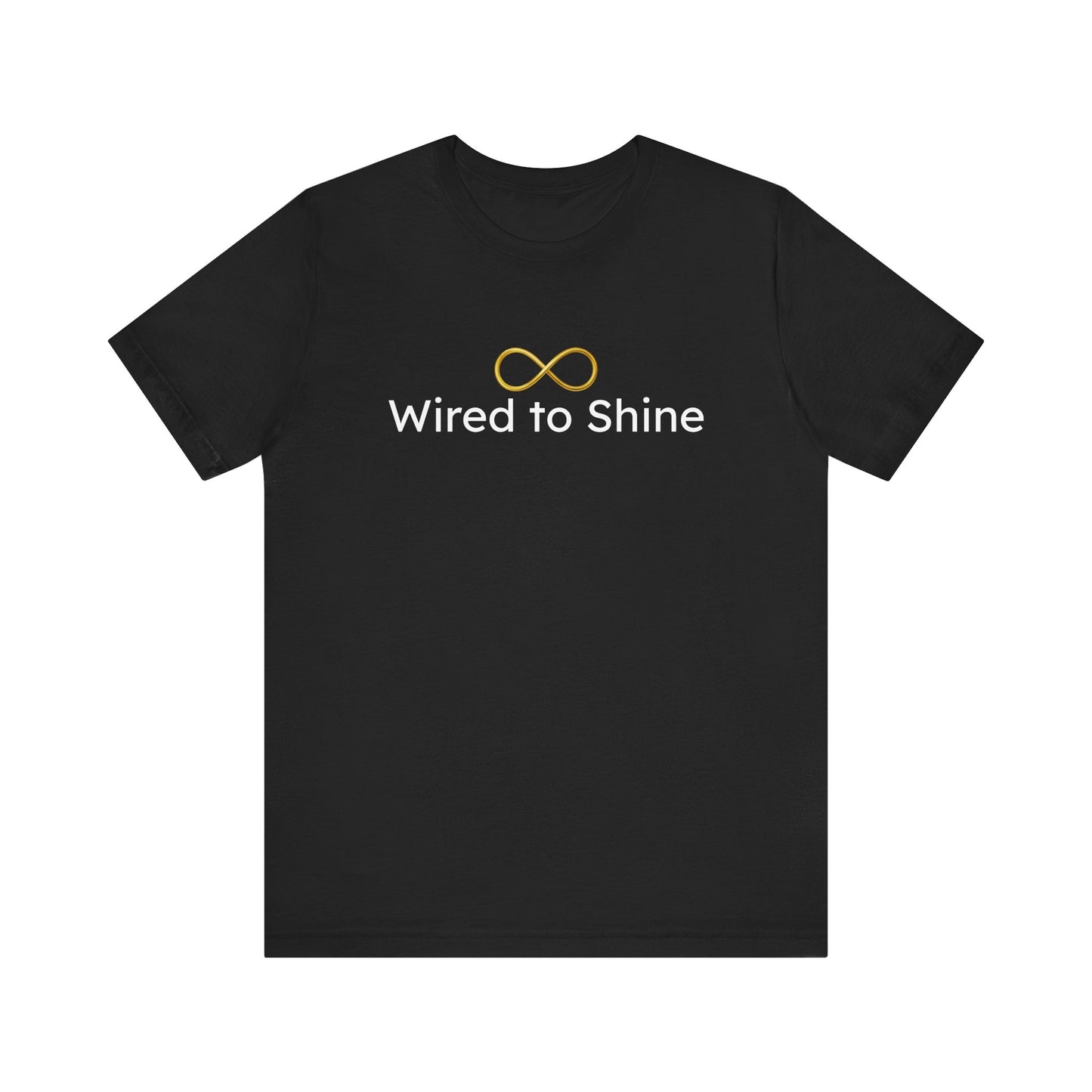 Black t-shirt with 'Wired to Shine' text and logo on a white background