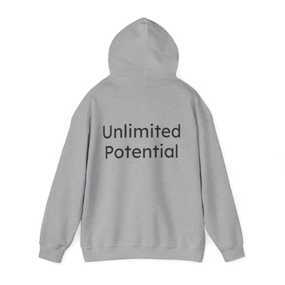 Gray hoodie with 'Unlimited Potential' text on the back against a white background
