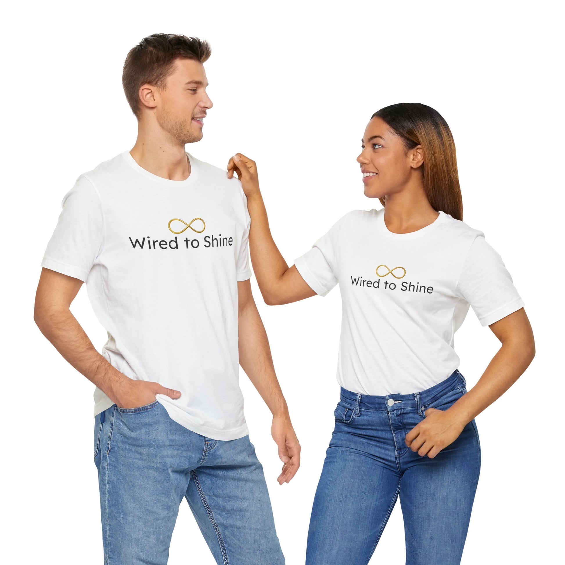 Two people wearing white t-shirts with 'Wired to Shine' logo on a white background