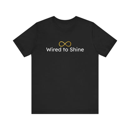 Black t-shirt with 'Wired to Shine' text and logo on a white background