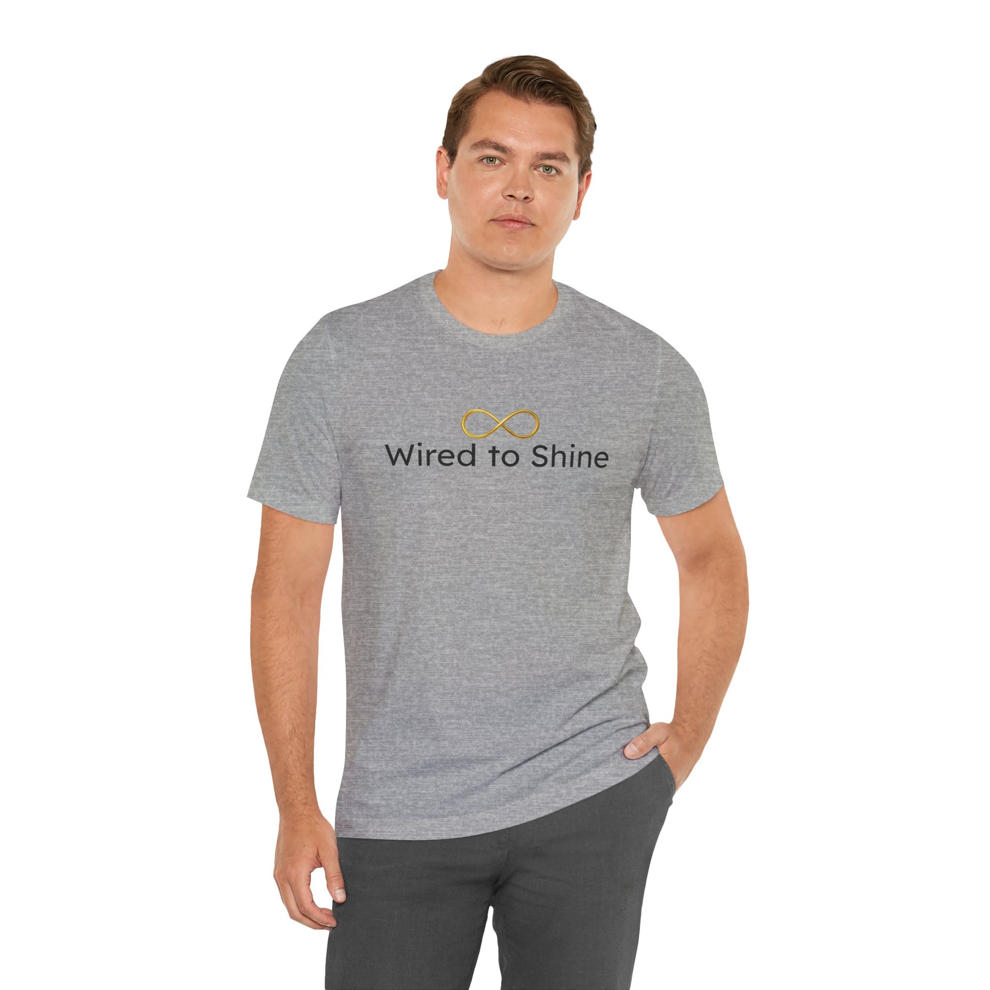 Man wearing a gray t-shirt with 'Wired to Shine' text and logo on a white background