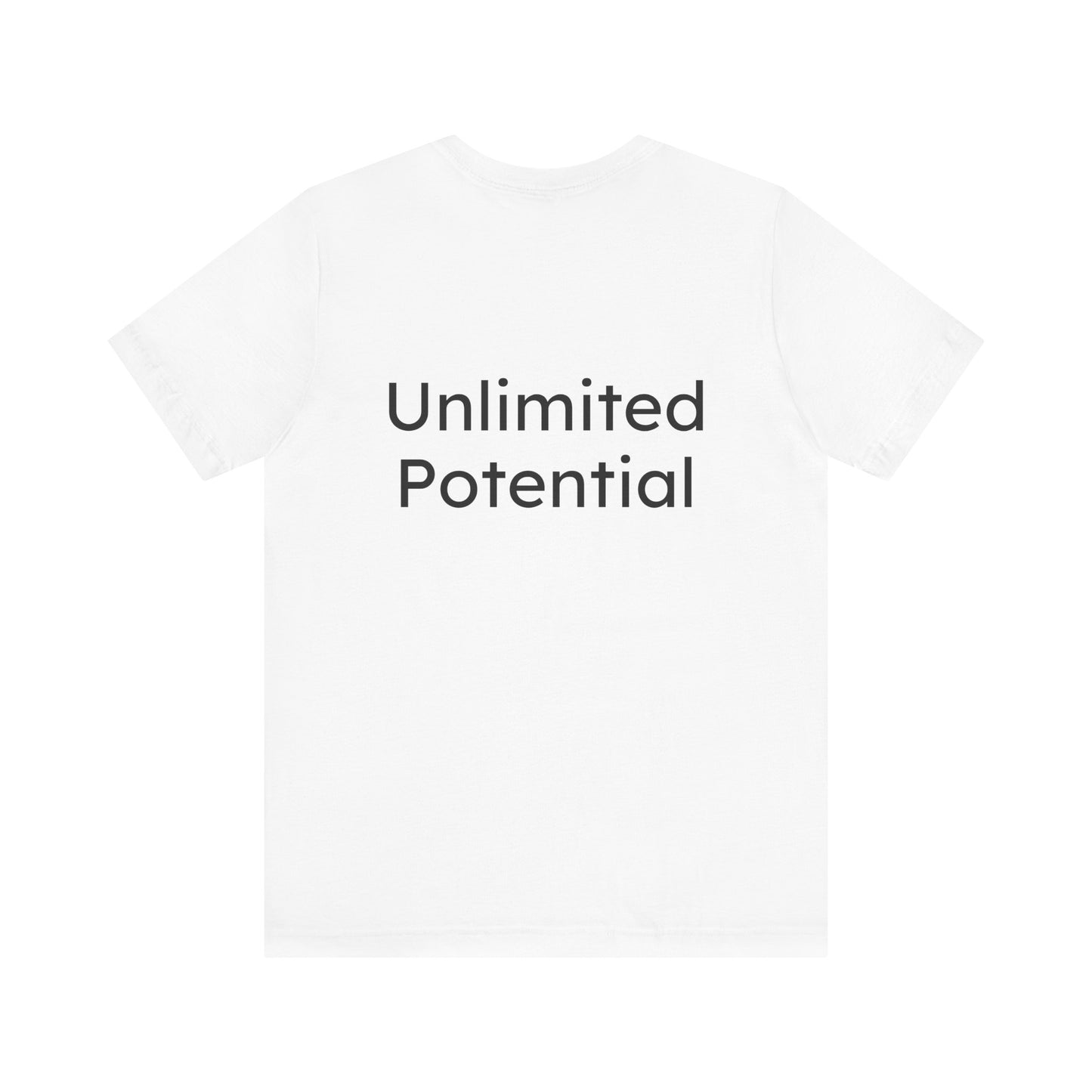 White t-shirt with 'Unlimited Potential' text on a white background
