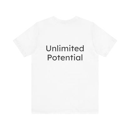 White t-shirt with 'Unlimited Potential' text on a white background