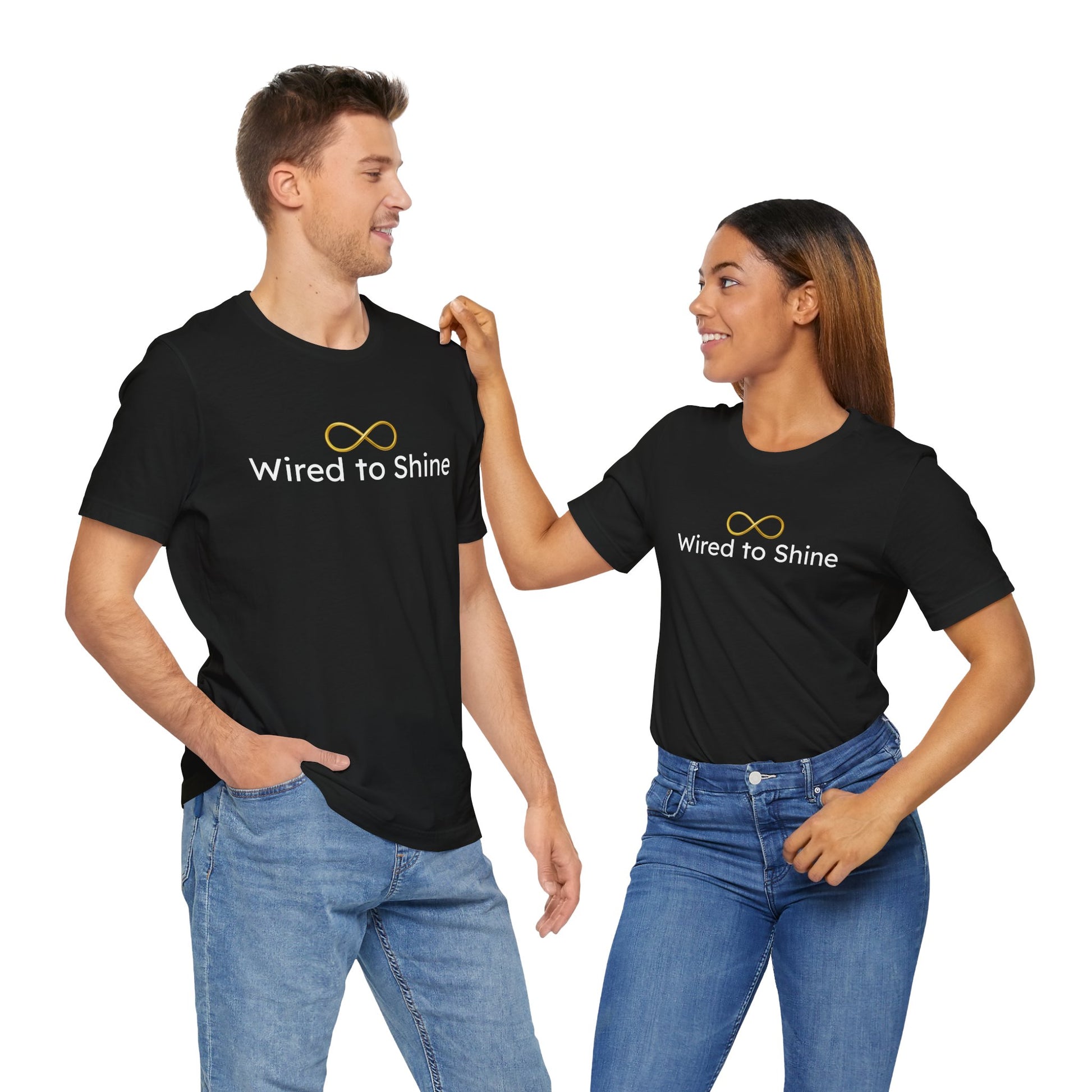 Two people wearing black t-shirts with 'Wired to Shine' text and logo on a white background