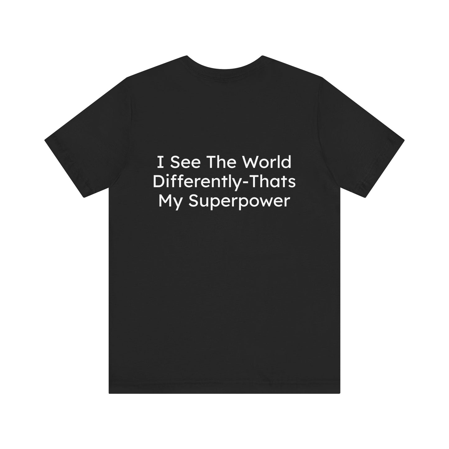 Black t-shirt with white text on a white background