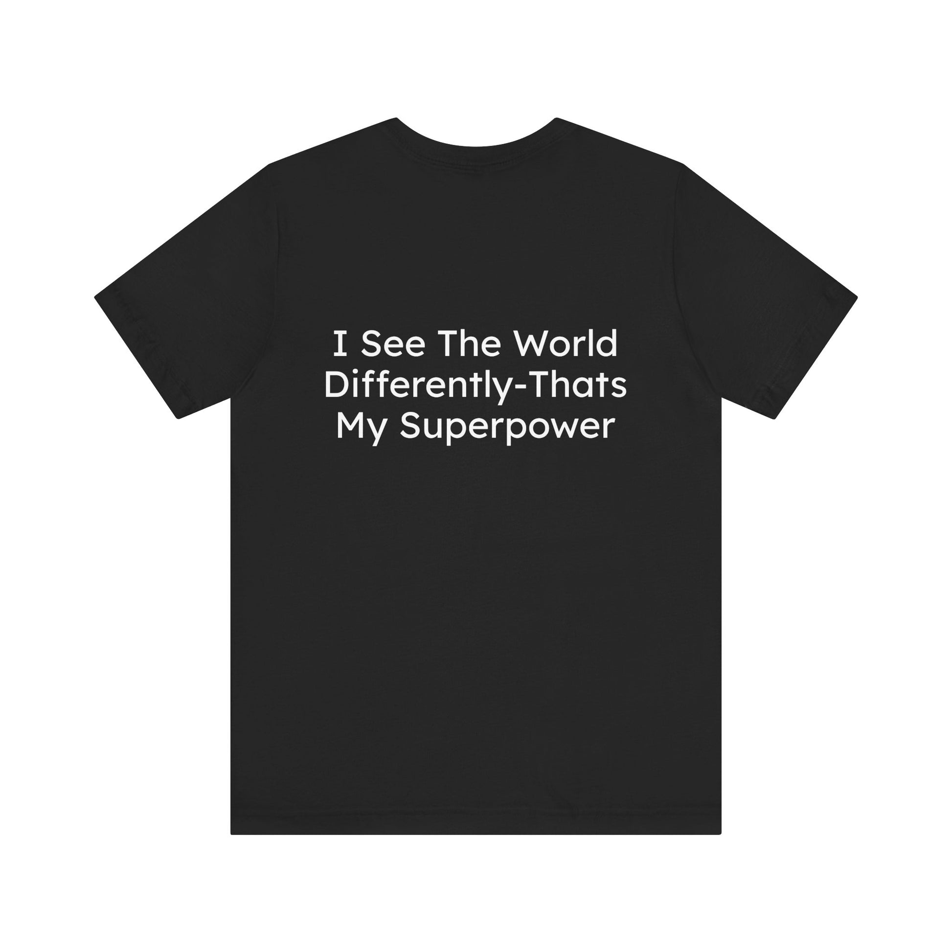 Black t-shirt with white text on a white background