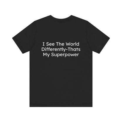 Black t-shirt with white text on a white background