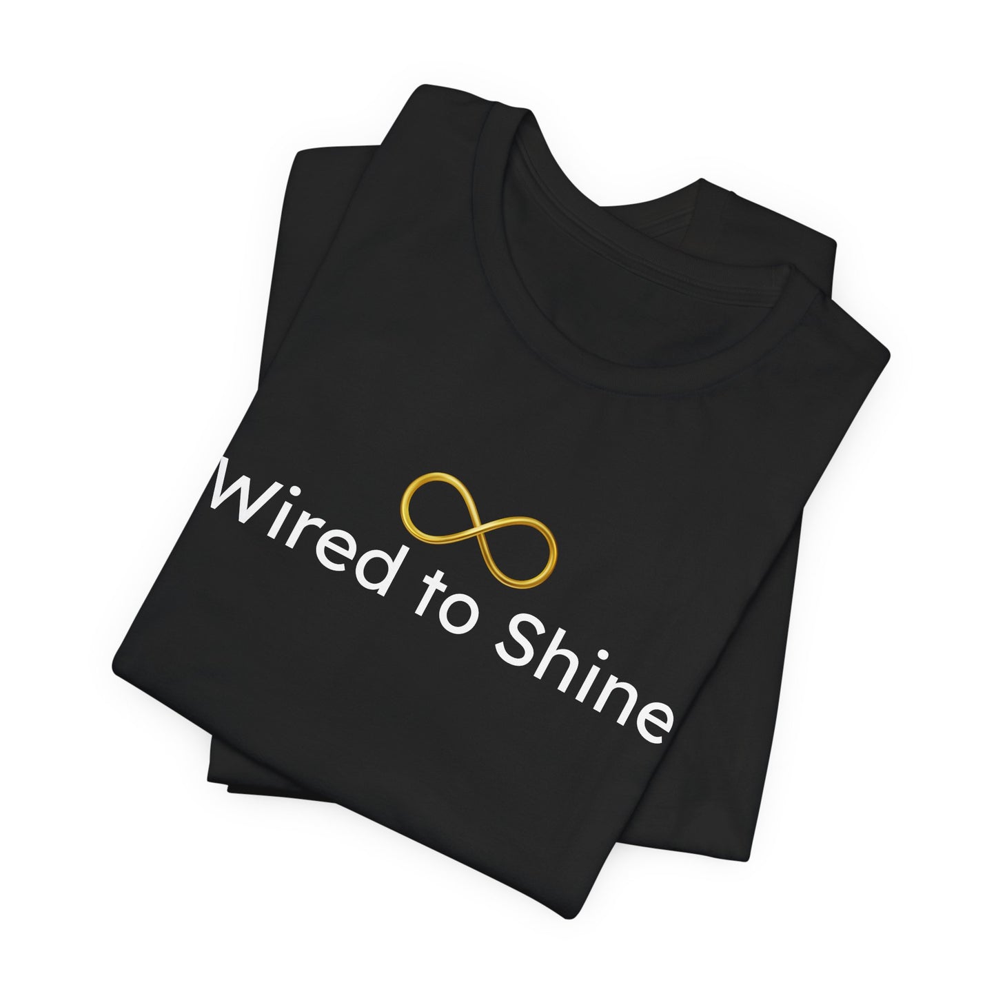 Black t-shirt with 'Wired to Shine' logo on a white background