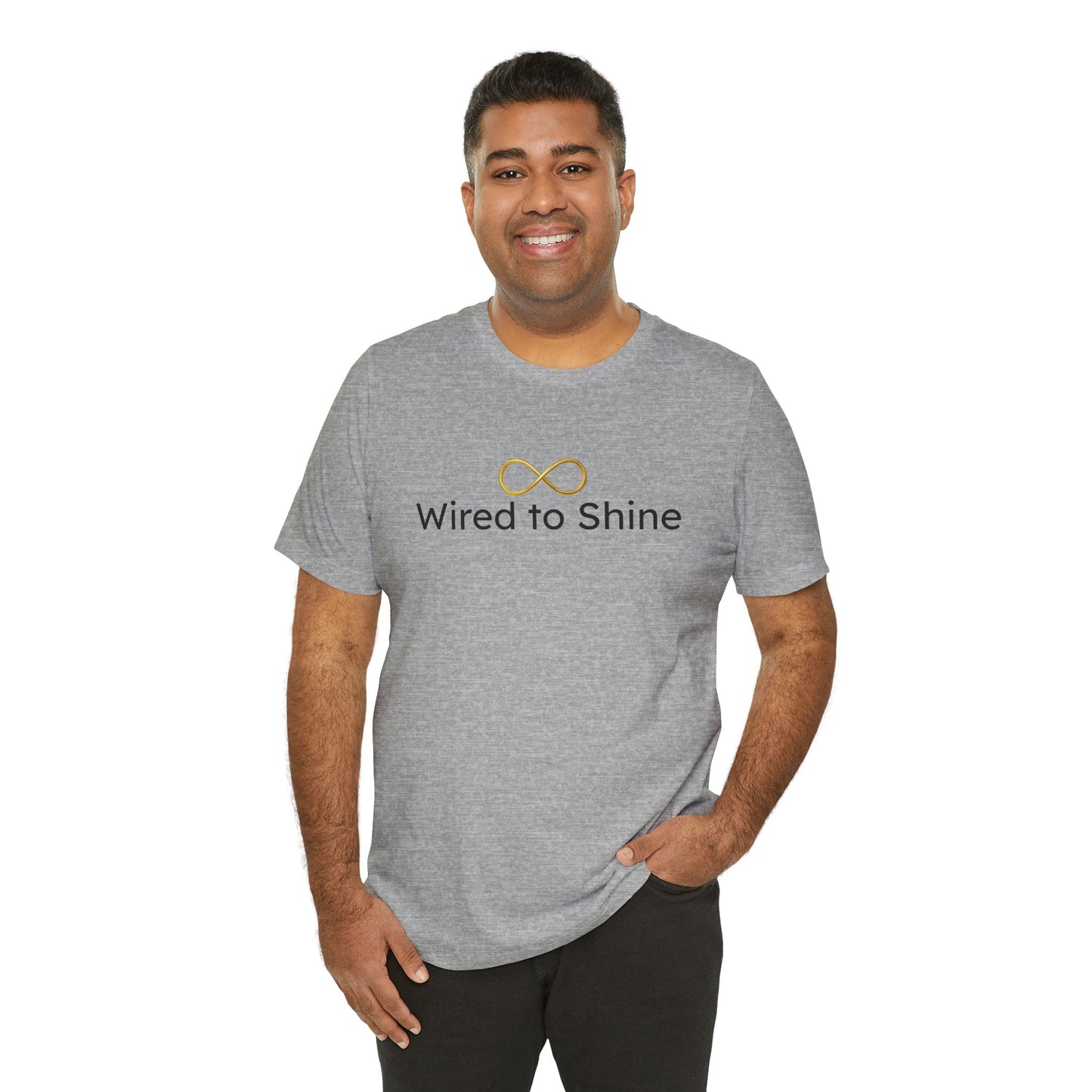 Man wearing a gray t-shirt with 'Wired to Shine' logo on a white background