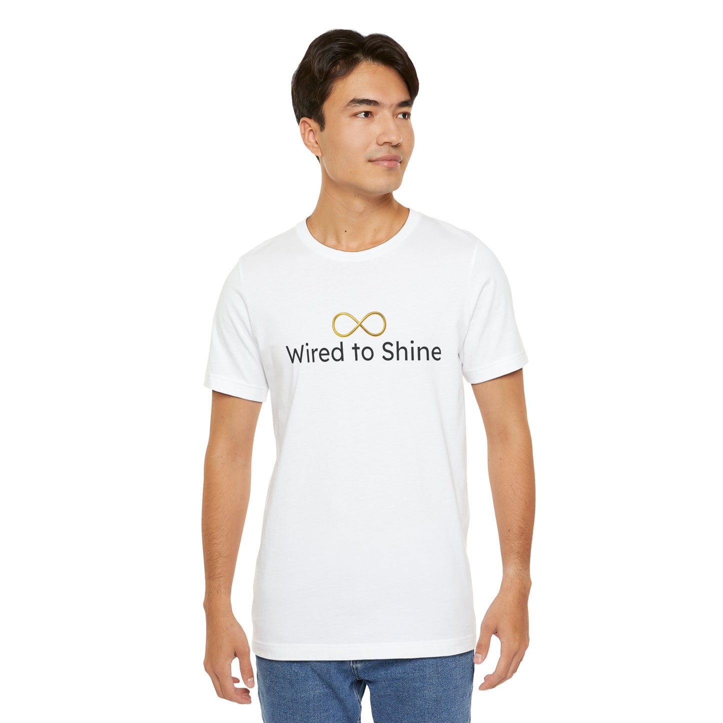 Man wearing a white t-shirt with 'Wired to Shine' text and logo on a white background