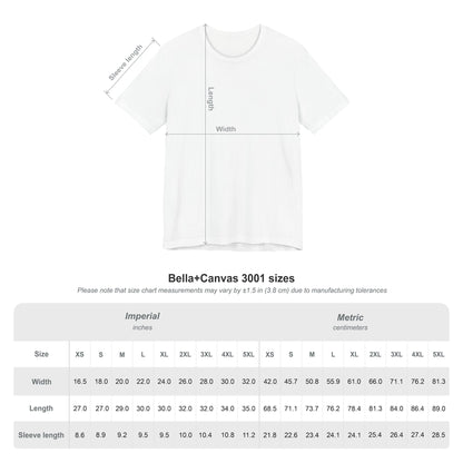 White t-shirt with measurement chart on a white background