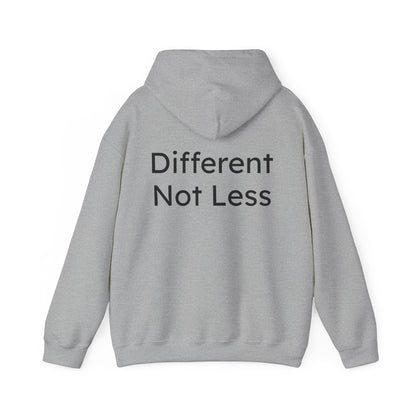 Gray hoodie with 'Different Not Less' text on the back against a white background
