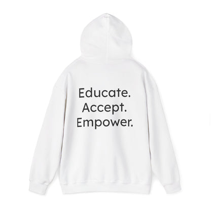 White hoodie with 'Educate. Accept. Empower.' text on a white background