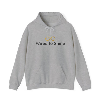 Gray hoodie with 'Wired to Shine' text and infinity symbol on a white background