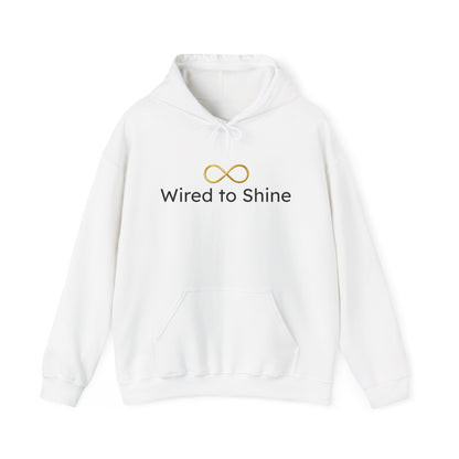White hoodie with 'Wired to Shine' text and logo on a white background