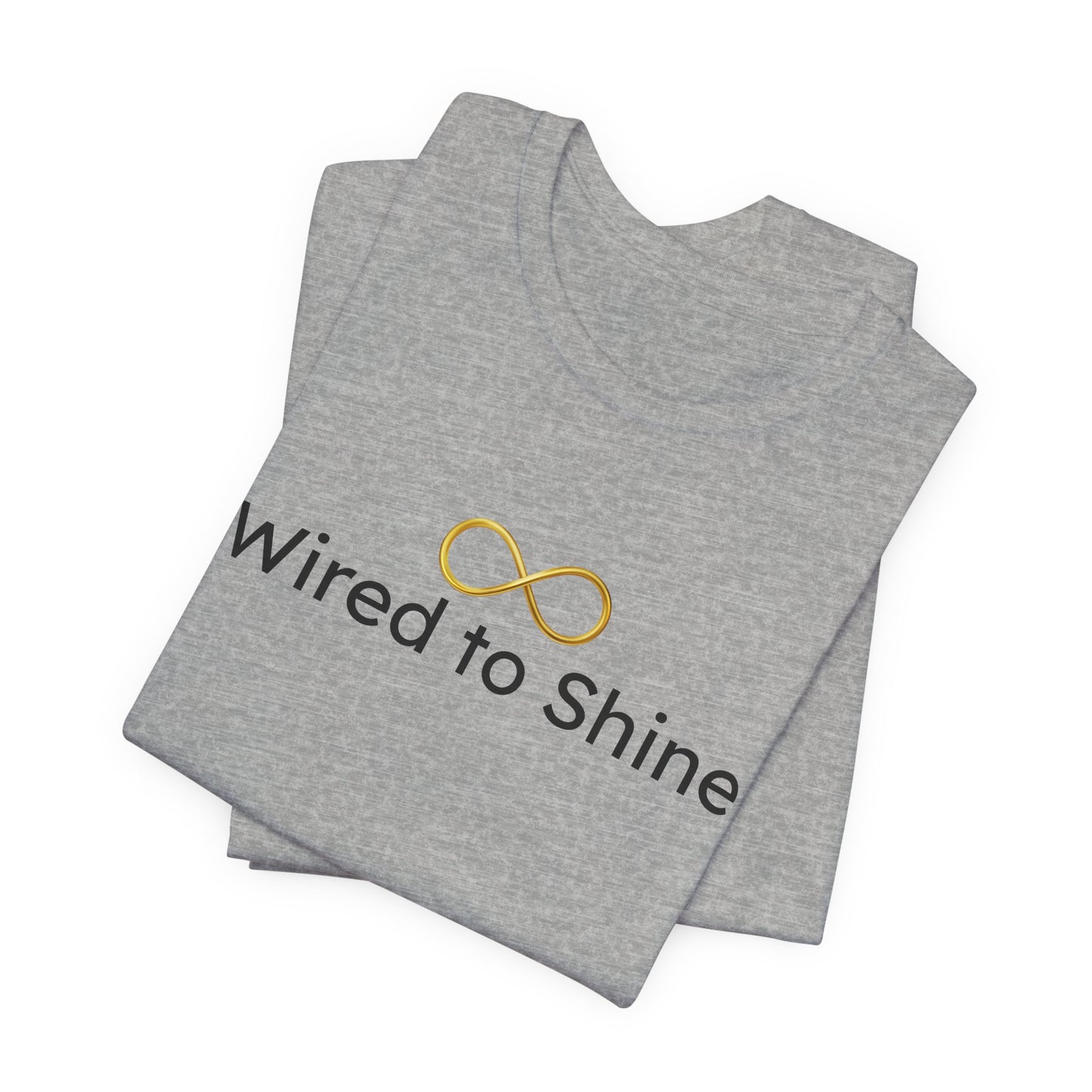 Gray t-shirt with 'Wired to Shine' text and logo on a white background
