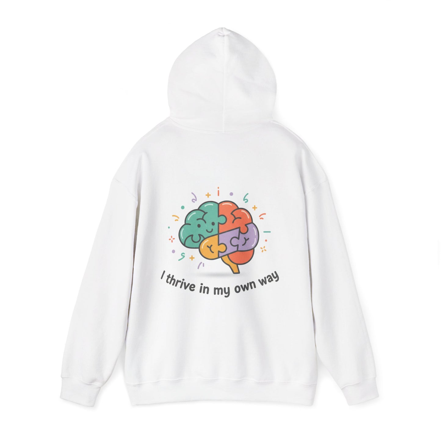 White hoodie with a colorful brain graphic and text on a white background