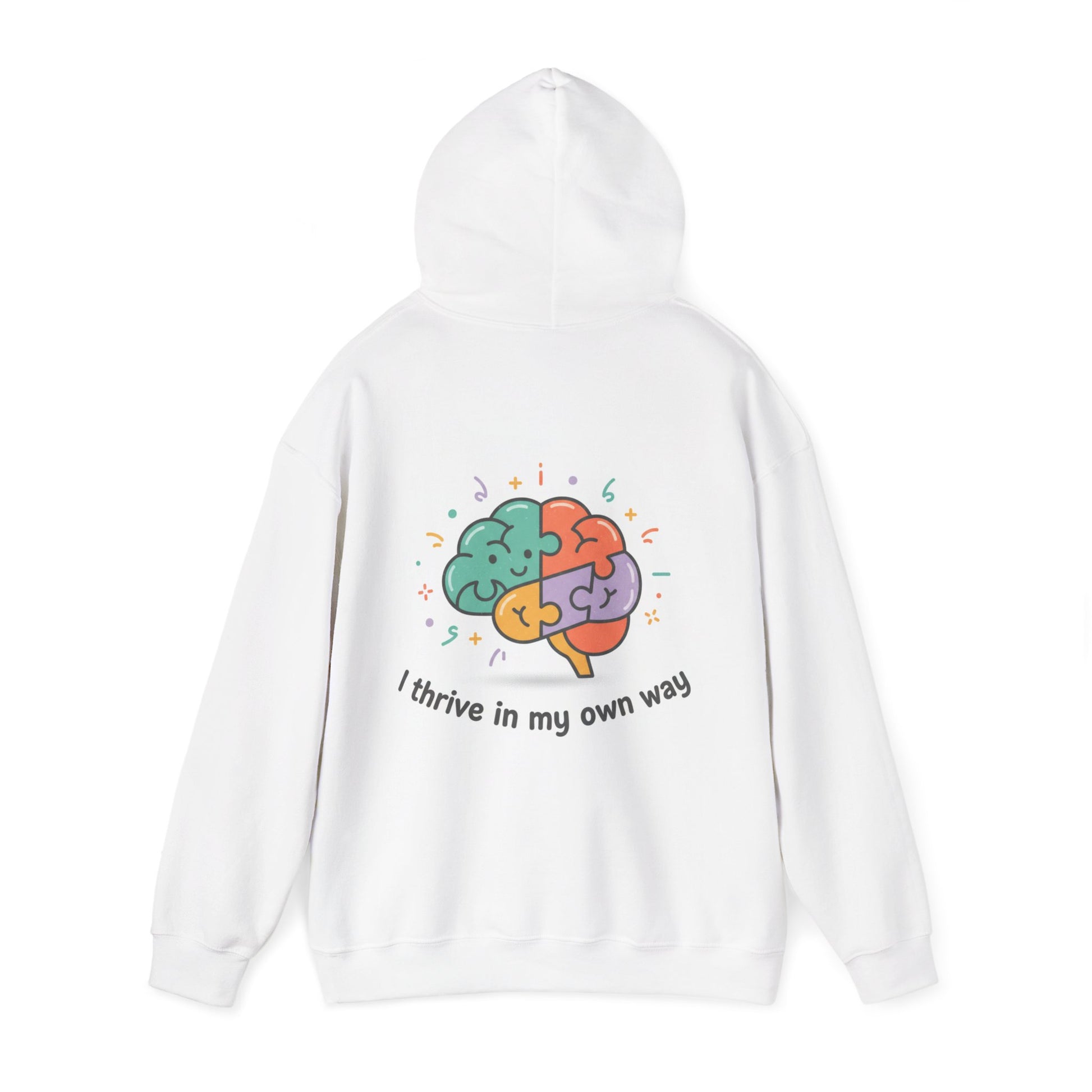 White hoodie with a colorful brain graphic and text on a white background