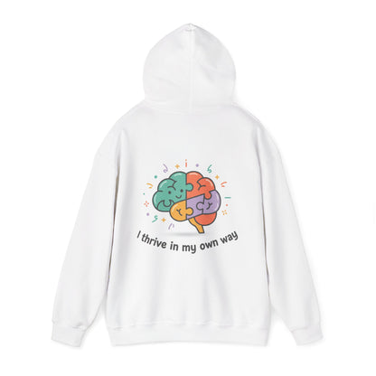 White hoodie with a colorful brain graphic and text on a white background