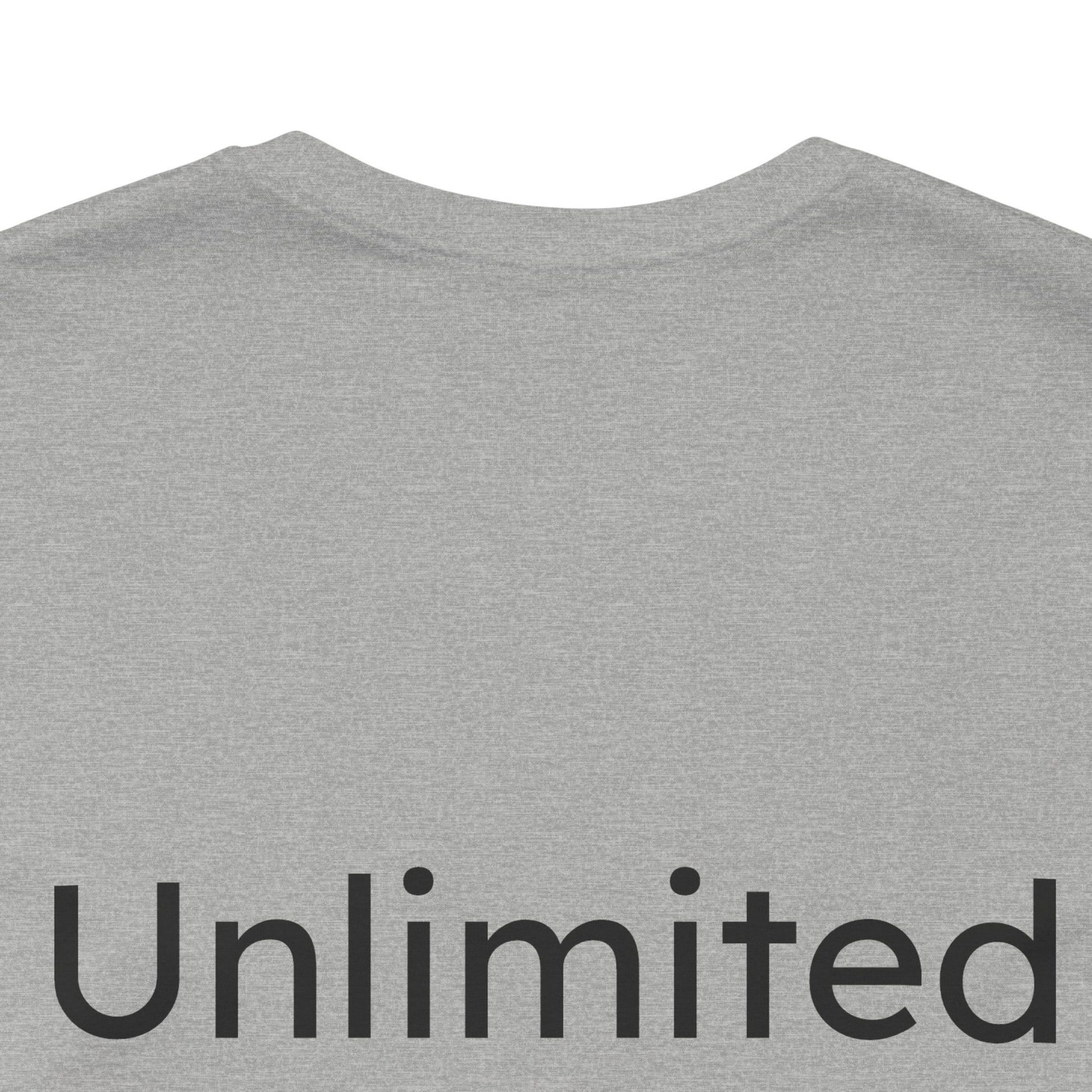 Gray t-shirt with 'Unlimited' text on a white background