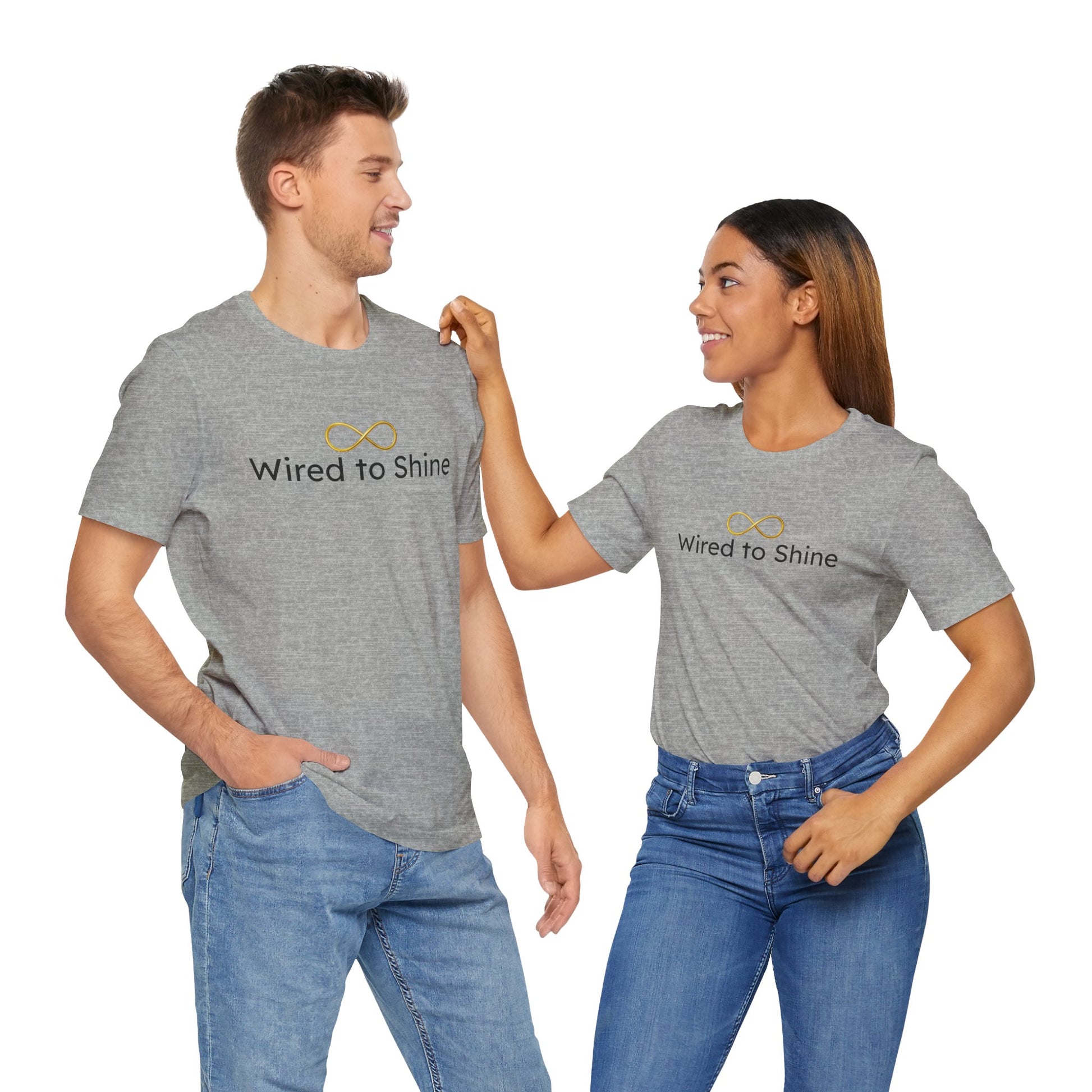 Two people wearing gray t-shirts with 'Wired to Shine' logo on a white background