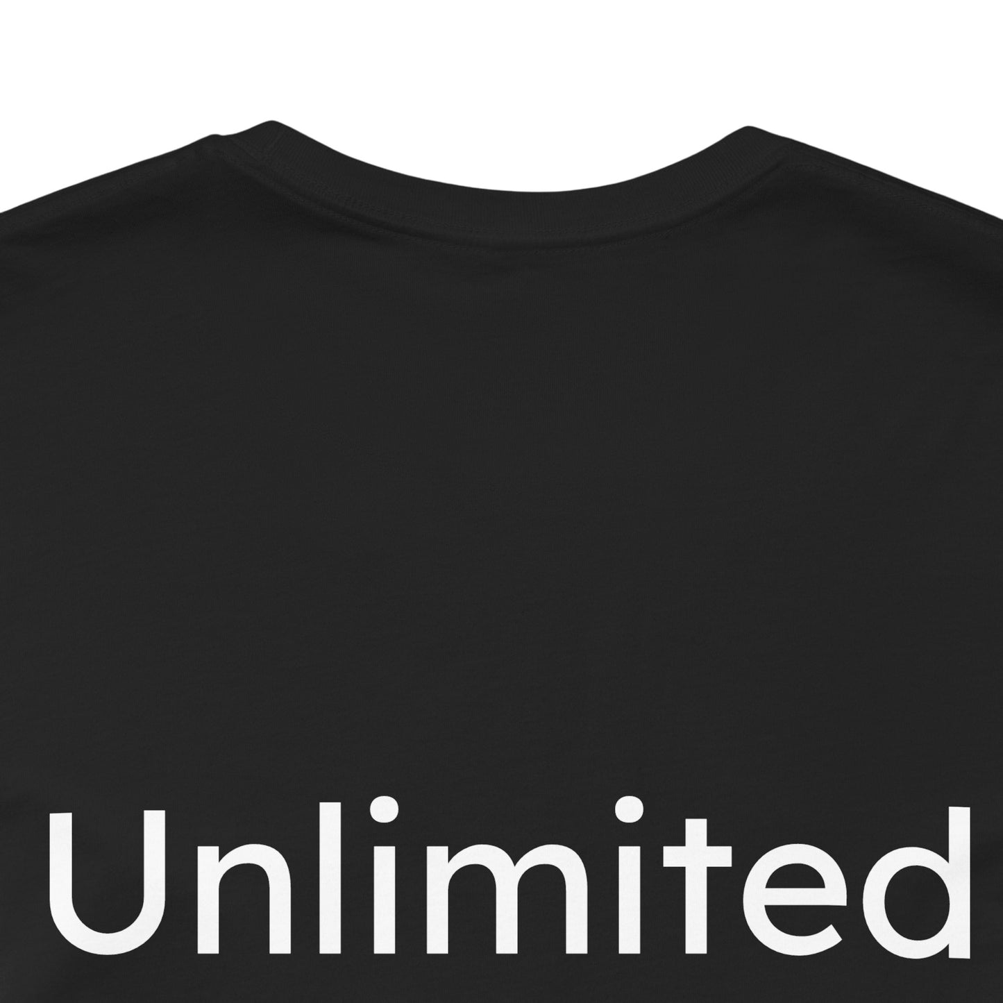 Black t-shirt with 'Unlimited' text on a white background
