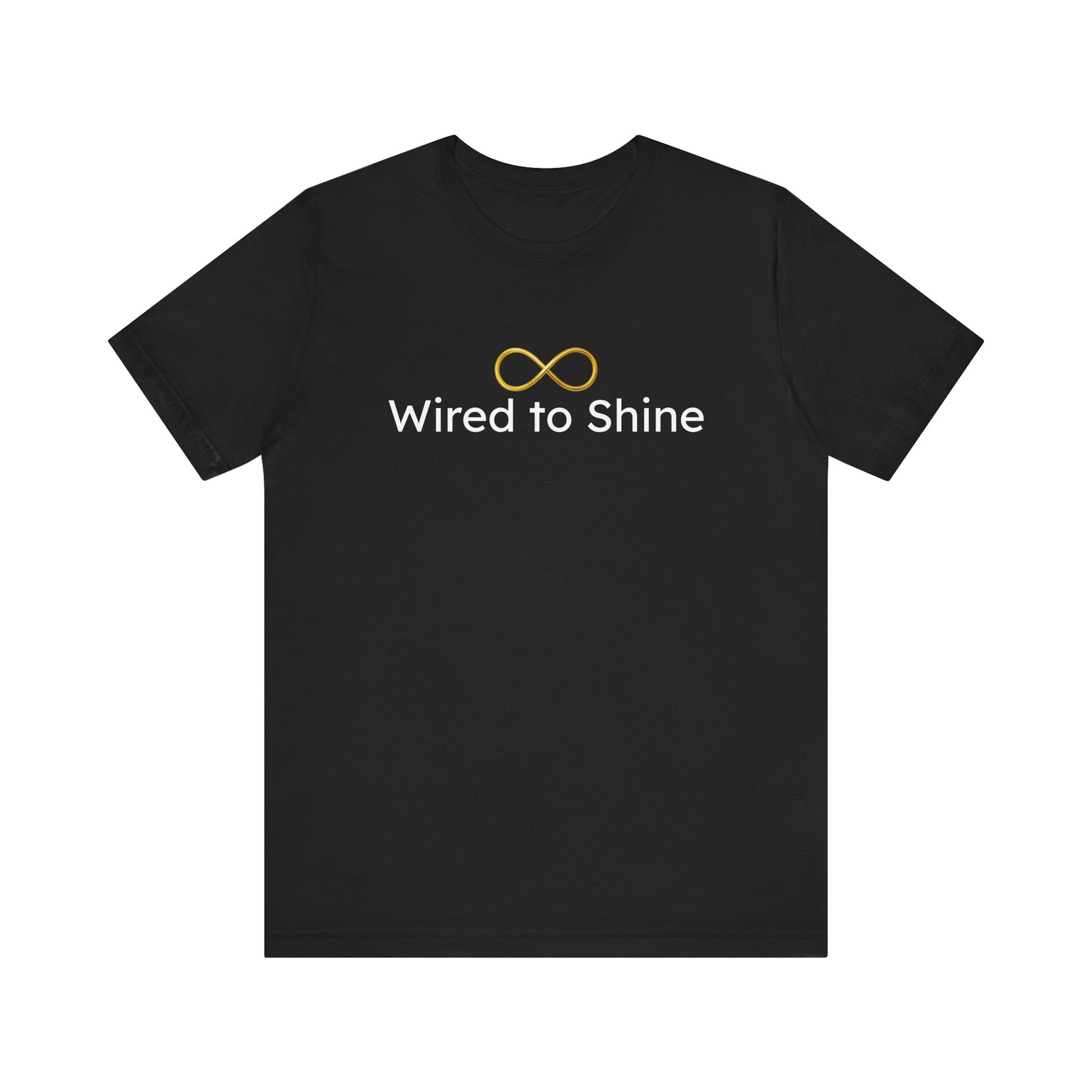 Black t-shirt with 'Wired to Shine' text and logo on a white background