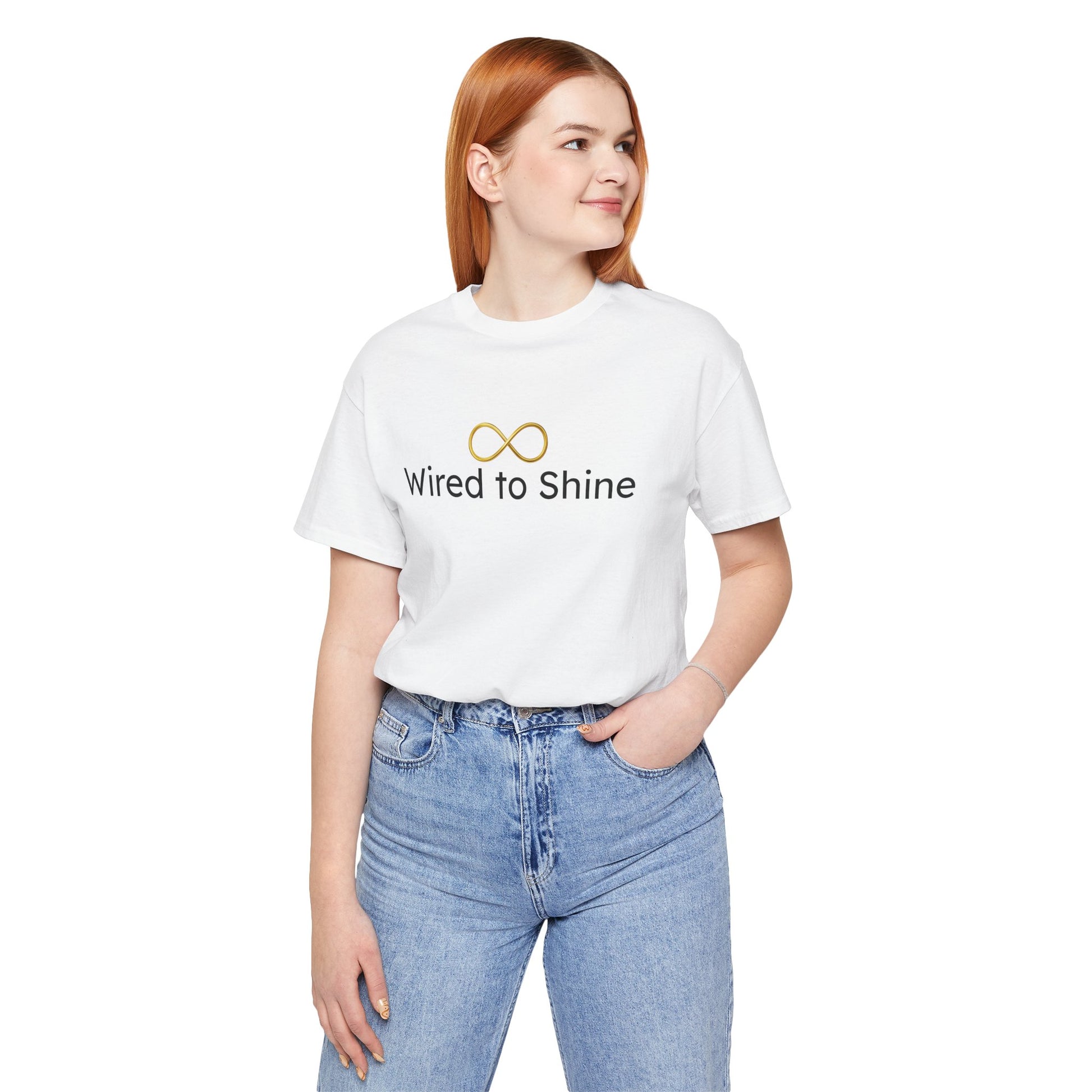 Person wearing a white t-shirt with 'Wired to Shine' text and logo on a white background