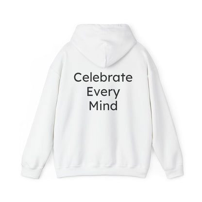 White hoodie with 'Celebrate Every Mind' text on the back against a white background