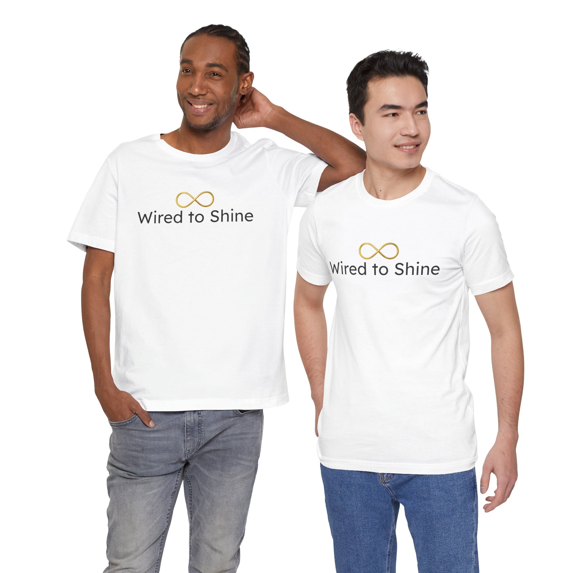 Two men wearing 'Wired to Shine' t-shirts on a white background
