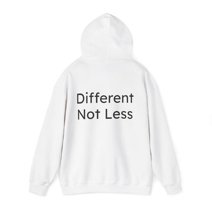 White hoodie with 'Different Not Less' text on a white background
