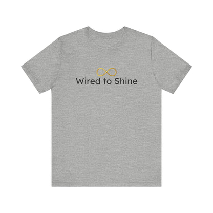 Gray t-shirt with 'Wired to Shine' text and logo on a white background