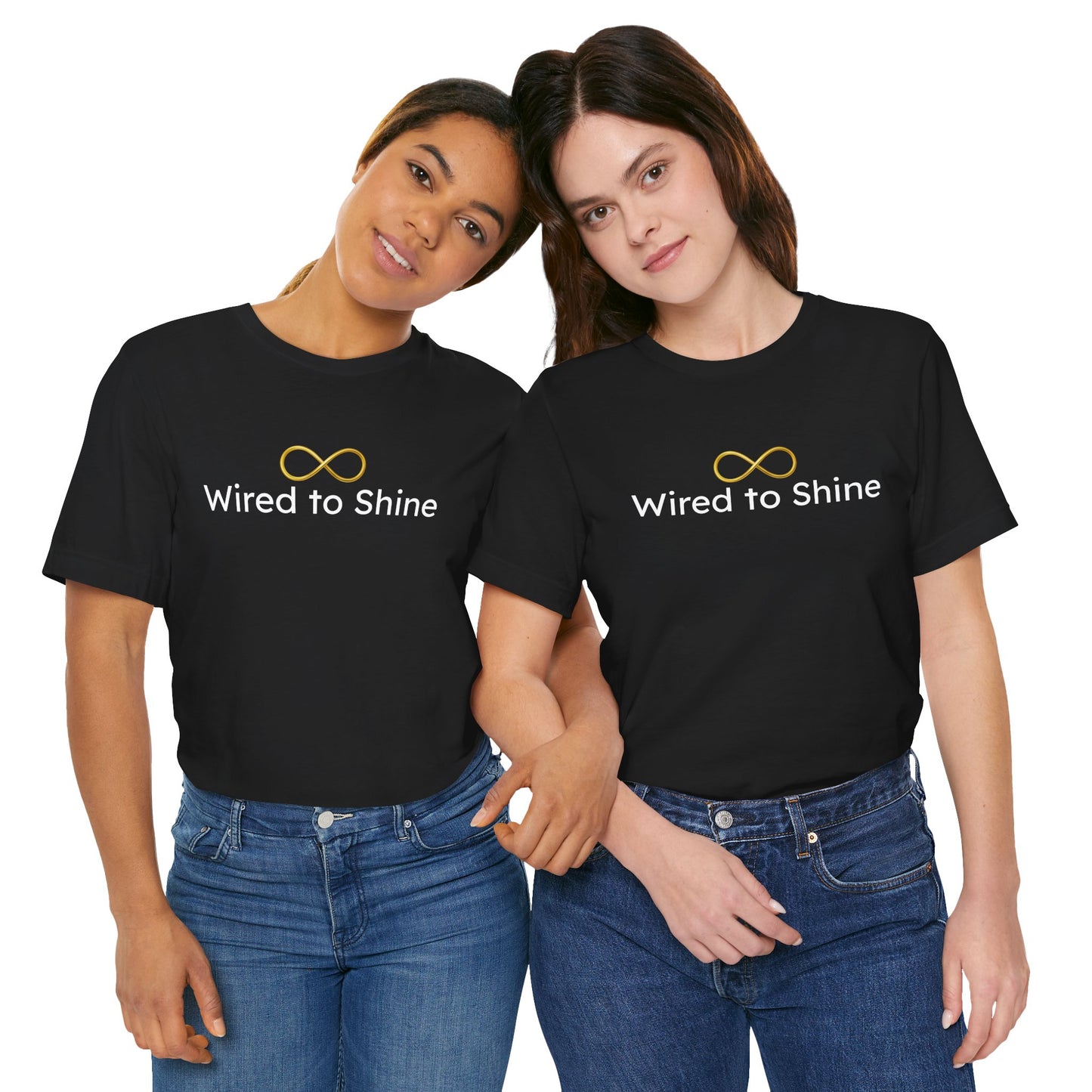 Two people wearing black t-shirts with 'Wired to Shine' text and logo on a white background