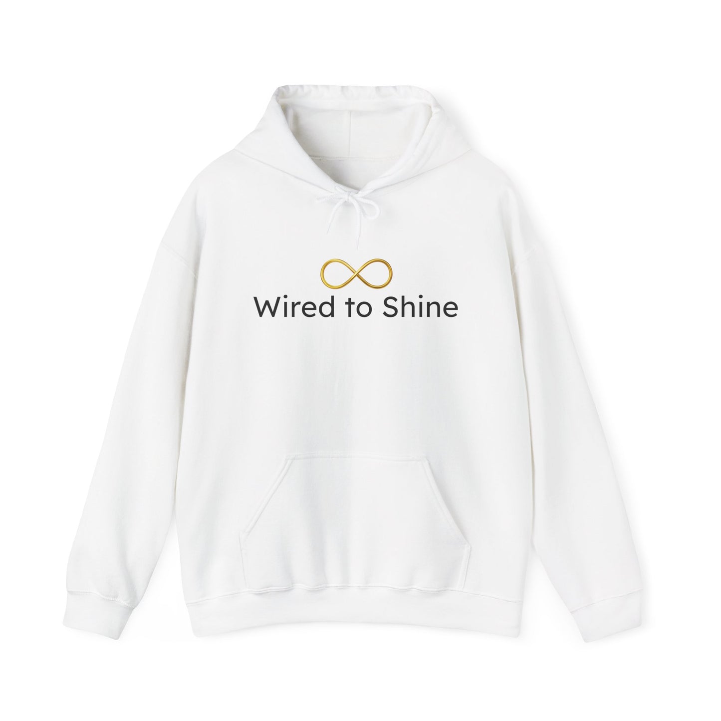 White hoodie with 'Wired to Shine' text and logo on a white background