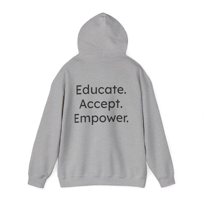 Gray hoodie with 'Educate. Accept. Empower.' text on the back against a white background