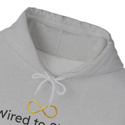 Gray hoodie with a gold infinity symbol and text on a white background