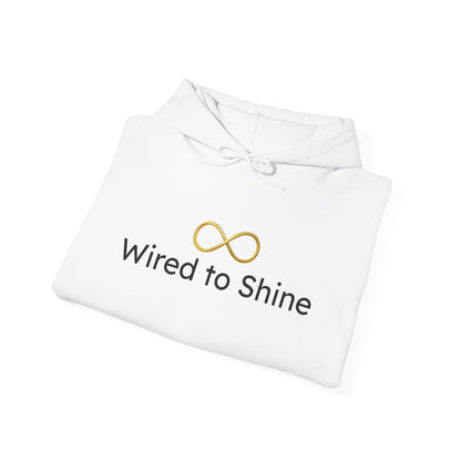 White hoodie with 'Wired to Shine' logo on a white background