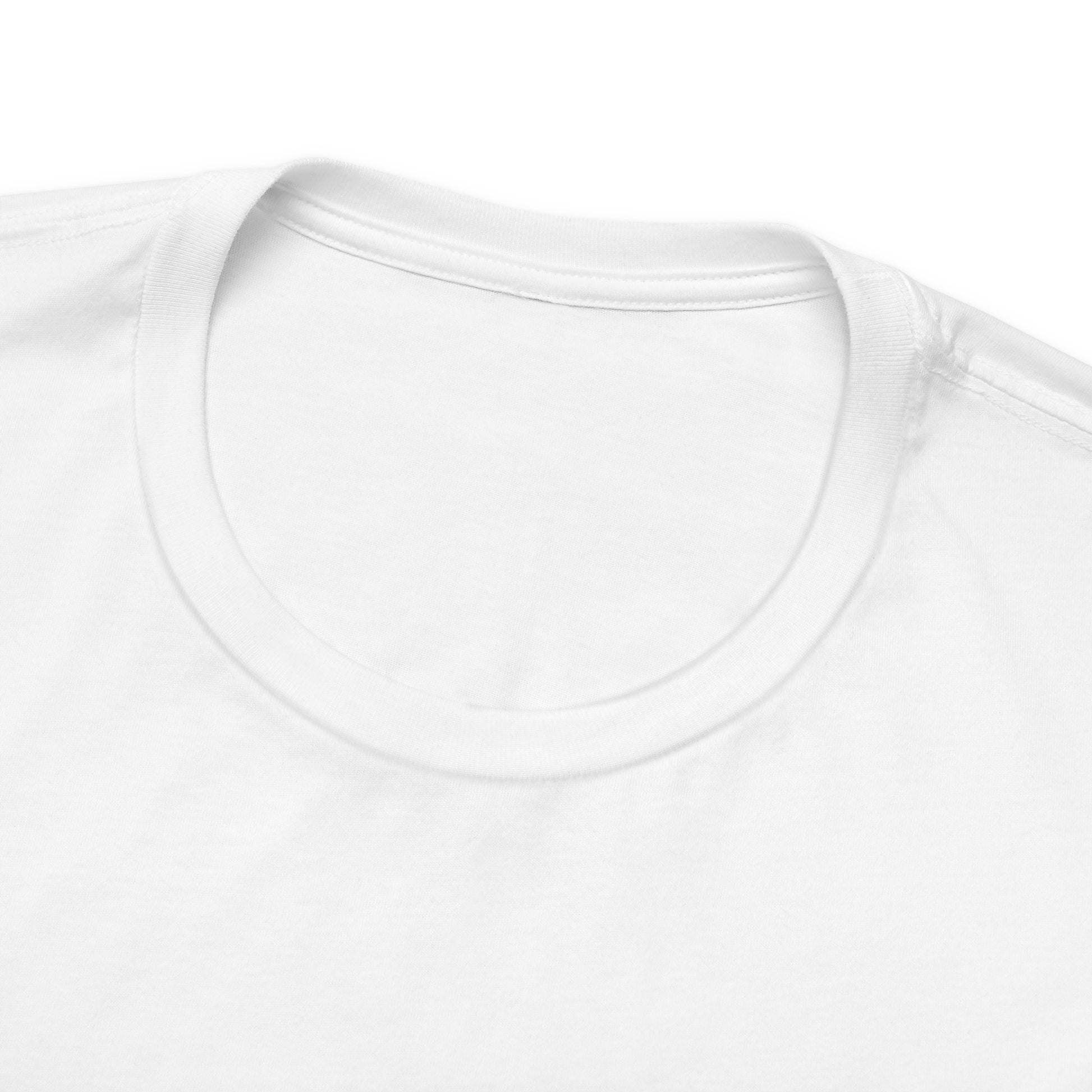 Close-up of a plain white t-shirt with a focus on the neckline.