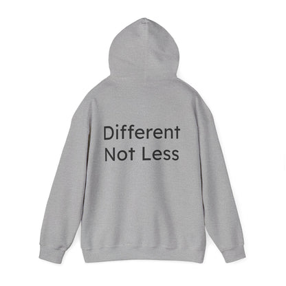 Gray hoodie with 'Different Not Less' text on the back against a white background