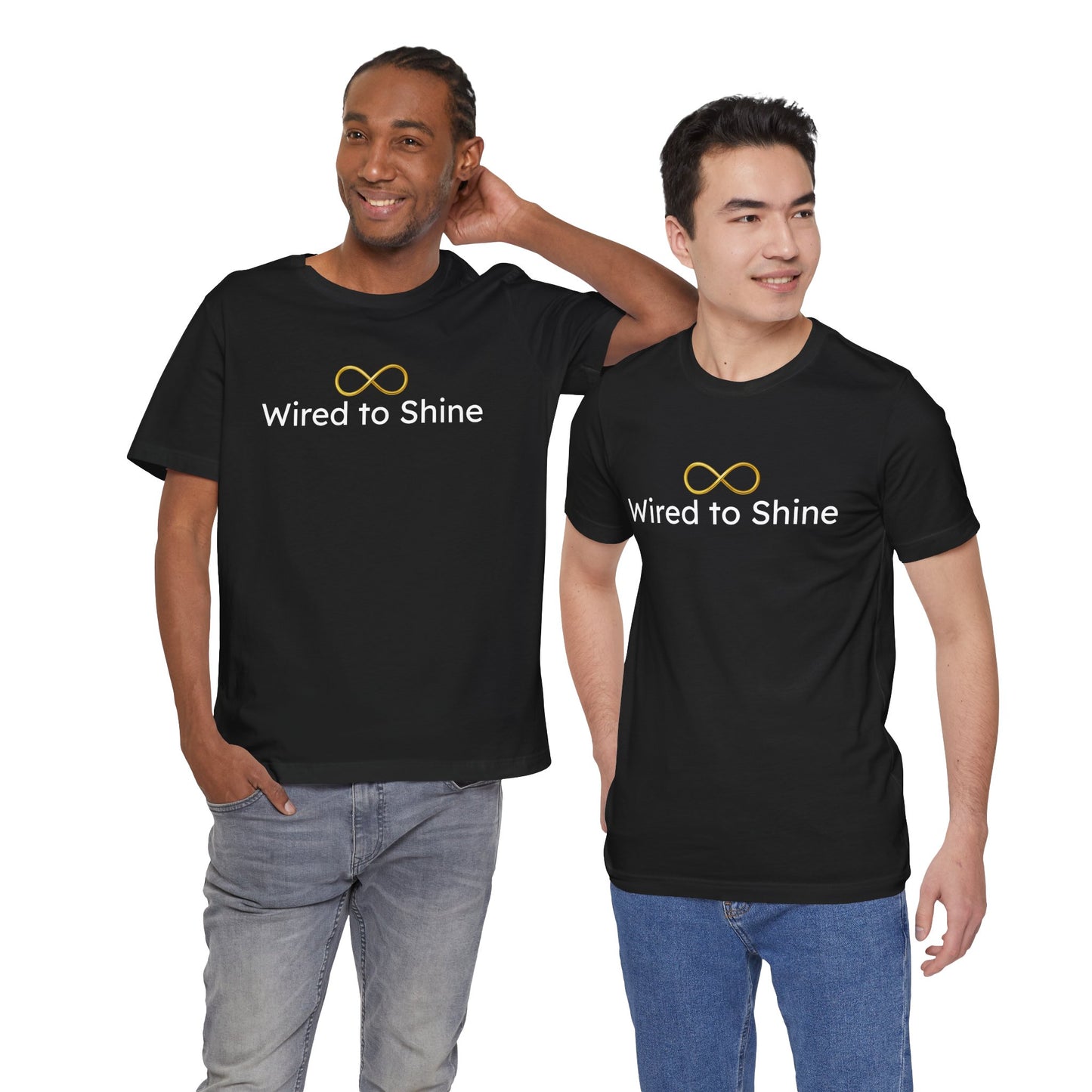Two people wearing black t-shirts with 'Wired to Shine' text and logo on a white background