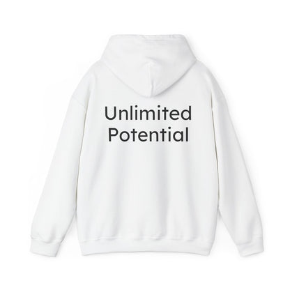 White hoodie with 'Unlimited Potential' text on the back against a white background
