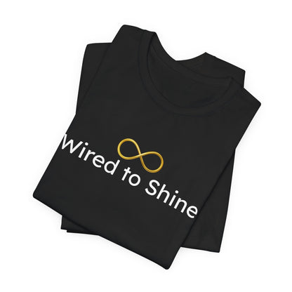 Black t-shirt with 'Wired to Shine' logo on a white background