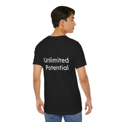Person wearing a black t-shirt with 'Unlimited Potential' text on the back, standing against a white background