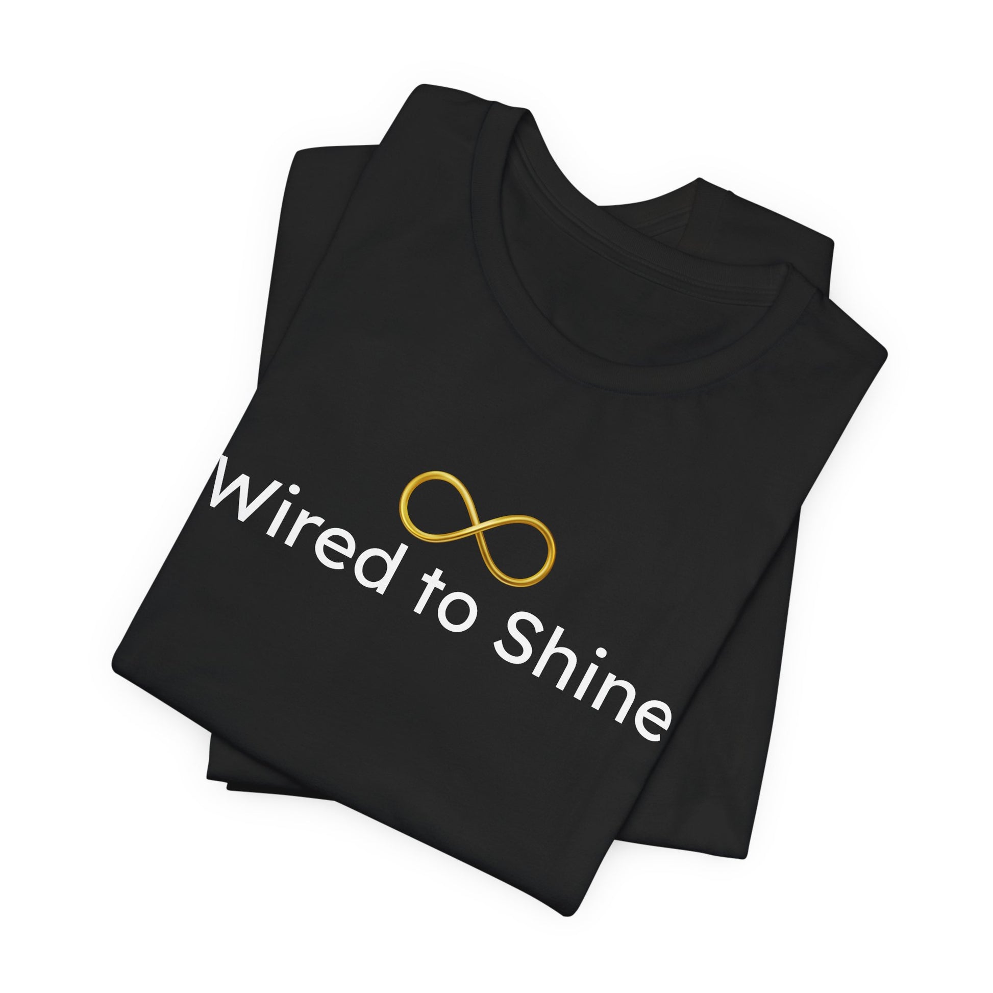 Black t-shirt with 'Wired to Shine' logo on a white background