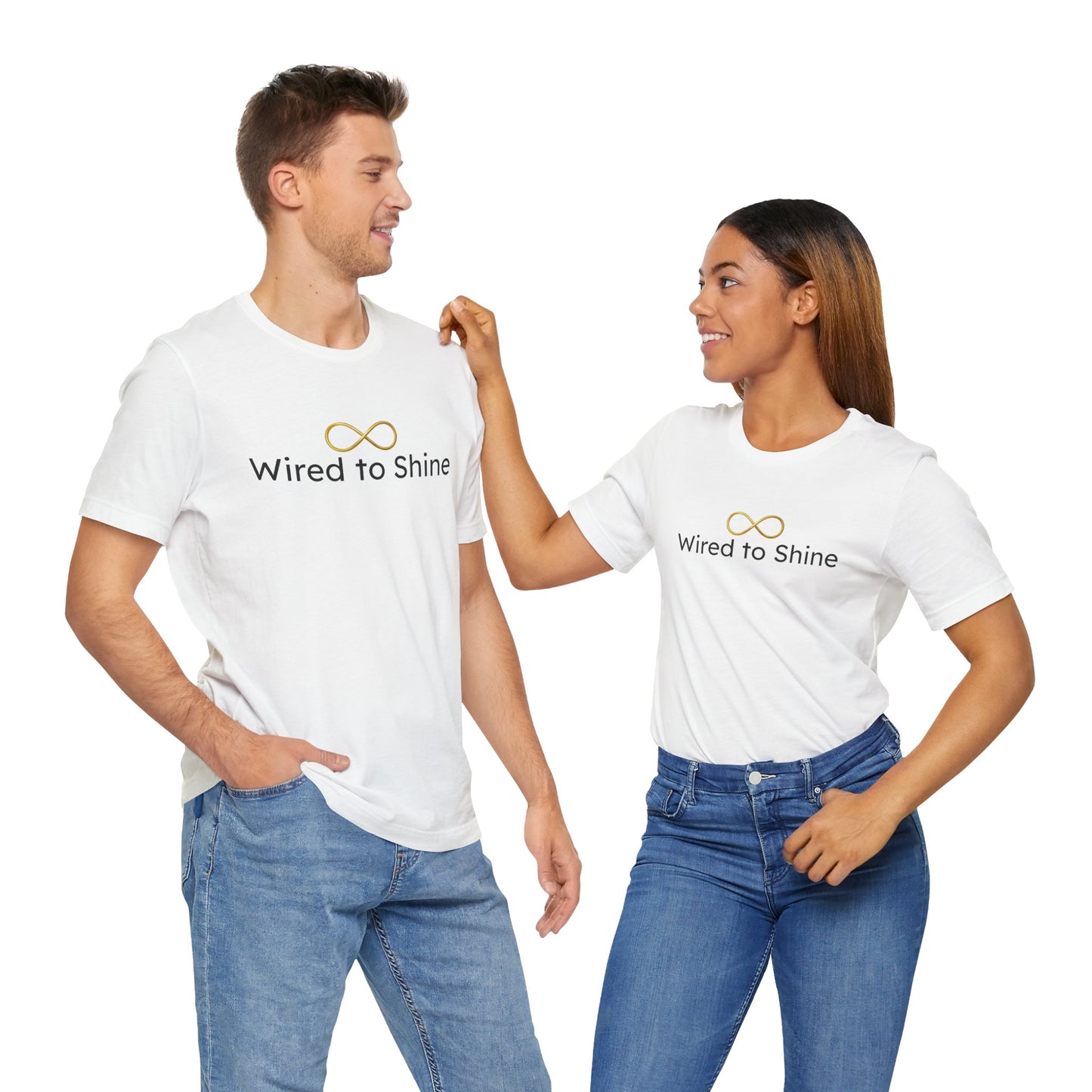 Two people wearing white t-shirts with 'Wired to Shine' logo on a white background