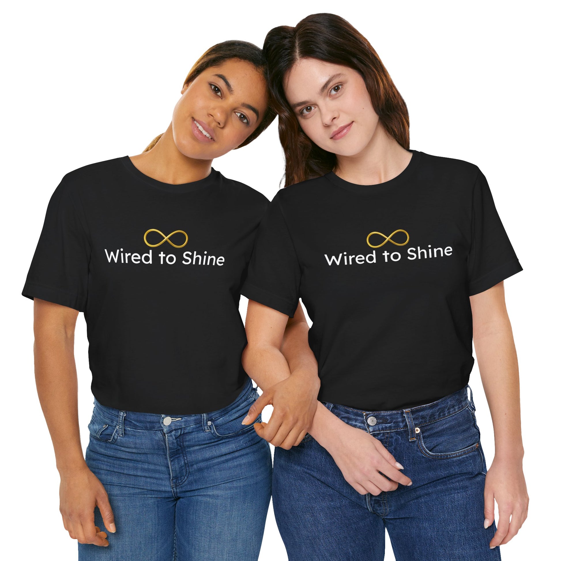 Two people wearing black t-shirts with 'Wired to Shine' text and logo on a white background