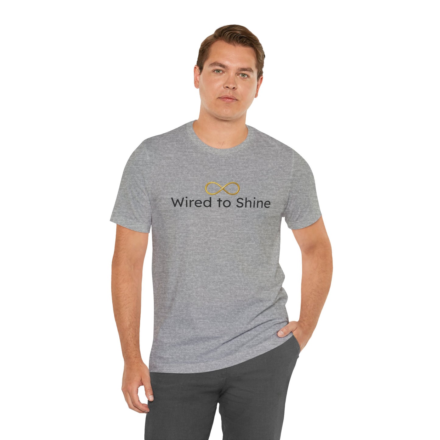 Man wearing a gray t-shirt with 'Wired to Shine' text and logo on a white background