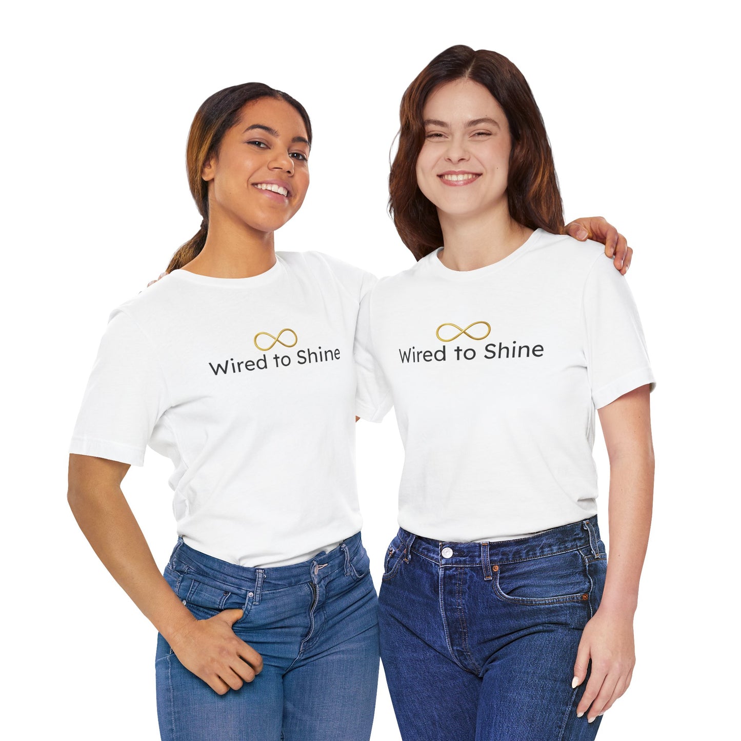 Two people wearing white t-shirts with 'Wired to Shine' text and infinity symbol on a white background