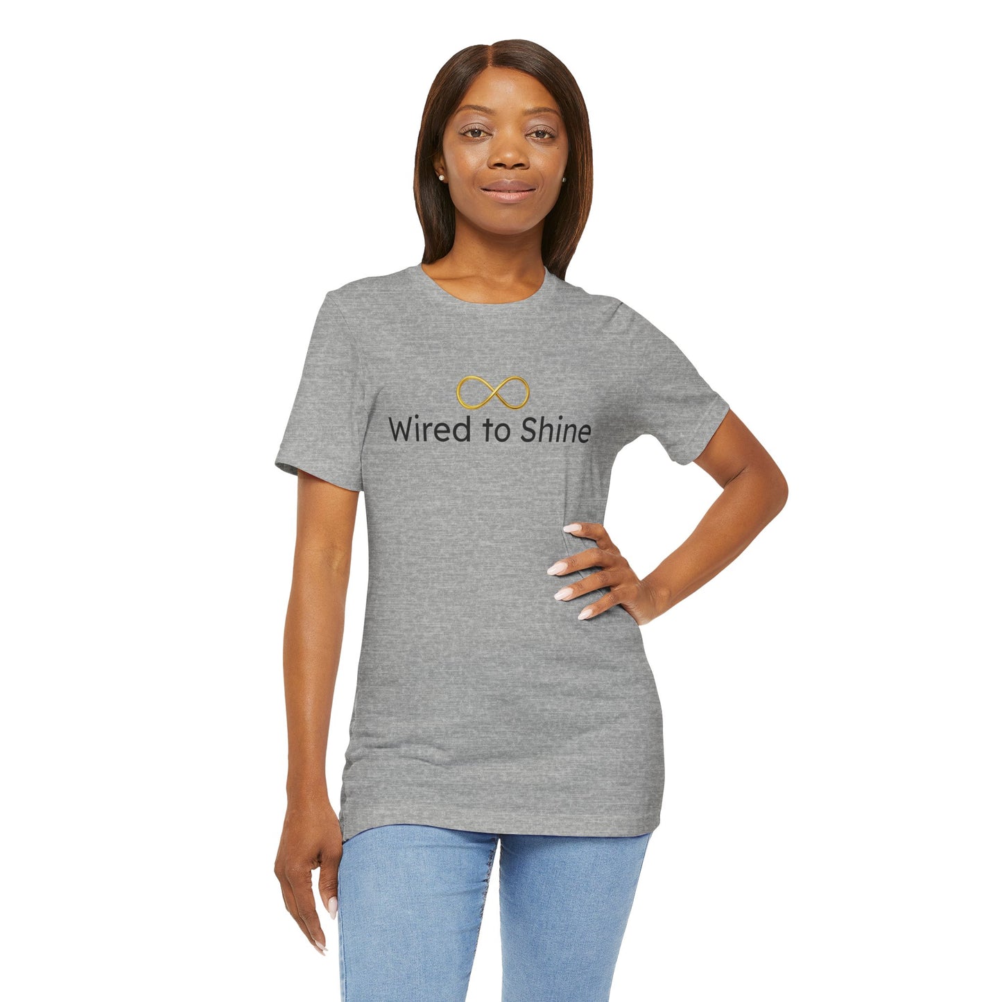 Woman wearing a gray t-shirt with 'Wired to Shine' text and logo on a white background