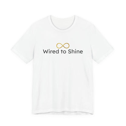 White t-shirt with 'Wired to Shine' text and logo on a white background